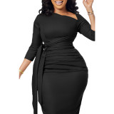 Plain Bandage Ruched Slant Neck Midi Dress