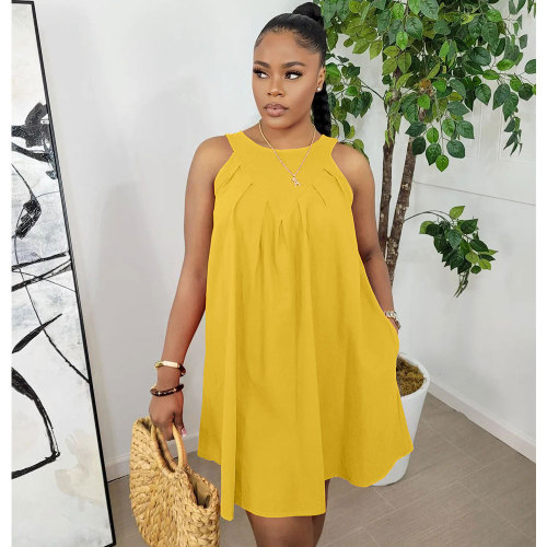 Yellow Solid Color Sleeveless Crew Neck Pleated Cotton Mini Dress with Pocket