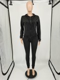 Solid Color Twill Zipper Tracksuit Hoodie Pant Set For Women
