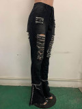 Classic Holes Fringed Ruffled Denim Trousers