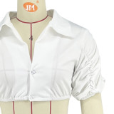 Casual Solid Color Piled Sleeves Crop Shirt Shorts Set