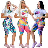 Casual Contrast Color Printed High Waist Sports Shorts Sets