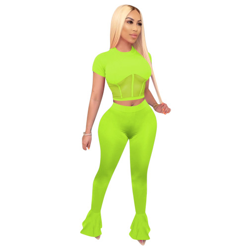 Solid Color Mesh Splicing Flared Pants Set