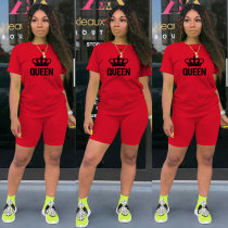 Summer Casual Red Knit Print Sports Shorts Set Two Piece