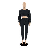 Autumn Winter Round Neck Loose Solid Color Crop Sweatshirt Pant Set