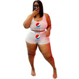 White Plus Size Fashion Printed Letter Sports Two Piece Vest Shorts Set