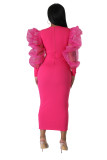 Fashion Mesh Puff Sleeve Elegant Slim Mid Dress