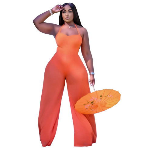 Solid Color Stitching Halter Jumpsuit