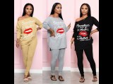 Casual Print Lips Patchwork O Neck Long Sleeve Two Pieces