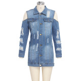 Blue Ripped Cut Out Cold Shoulder Denim Coat