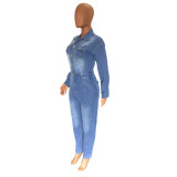Slim Fit Washed Denim Jumpsuit with Pockets