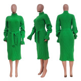 Turtleneck Knit Tie Waist Midi Dresses