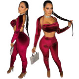Rose Sexy Solid Korean Velvet Patchwork Halter Long Sleeve Three Pieces