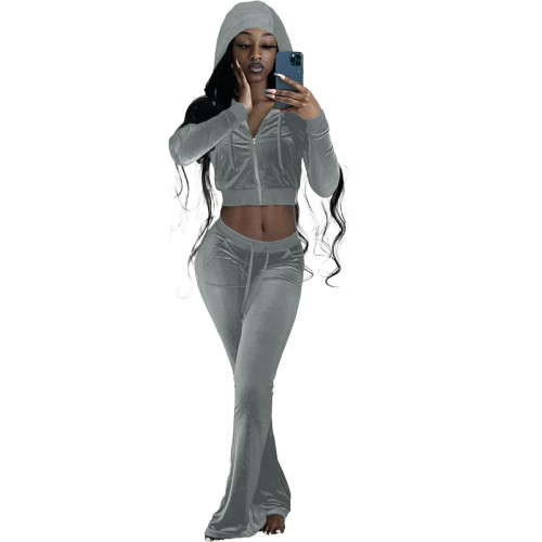 Grey Velour Winter Clothes Autumn Winter Velvet Hooded Casual Pants Sets For Women