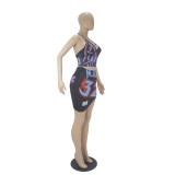 Women Graphic Print Halter Backless Sexy Skirt Set