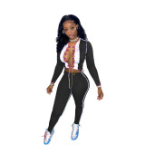Black Contrasting Color Stitching Lace-up 2 Piece Women Fall Sets with Hollow