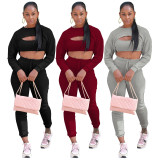 Sportswear 3 Piece Pants Sets Solid Ribbed Pit Track Jogging Sets