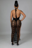 Black Solid Color Summer Elastic Fringed Side Slit Halter Beach Long Dresses