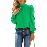 Women Bow Back Stand Neck Puff Long Sleeve Blouses Tops