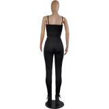 Solid Color Straps Crop Top and Trousers with Side Slit