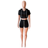 Solid Black Zipper Cardigan Hooded Cropped Two-Piece Short Summer Set