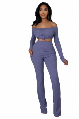 Spring Autumn Lavender Ribbed Off Shoulder Cutout Top & Flared Pants Set