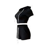 Solid Black Zipper Cardigan Hooded Cropped Two-Piece Short Summer Set
