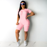 Casual High Elasticity Fashion Pyrography Letter Short Sleeve Shorts Set