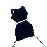 High Elastic Cotton Pit V Neck Low-cut Drawstring Skirt Set