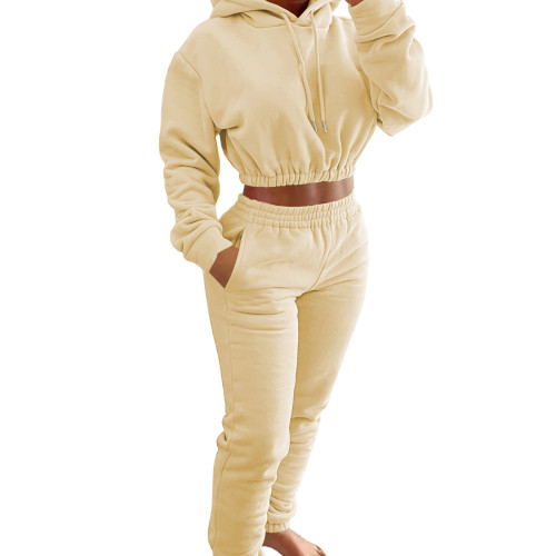 Light Yellow Velvet Thicken Sports Hoodie Jogging Pants Two Piece Winter Set For Women
