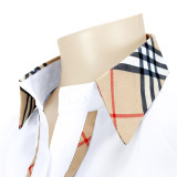 White Woven Plaid Button Double Placket Lapel Shirt