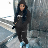 Casual Letter Pyrography Velvet Drawstring Kangaroo Pocket Hoodie & Pants Set