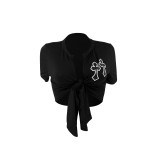 Summer Cross Leather Embroidery Hollow Bandage Shirt