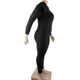 Black Winter Thicken Knitted Woolen Padded Shoulder Zipper Up Bodycon Long Sleeve Hoodie Jumpsuit