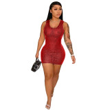 Summer Red Sequin Casual U Neck Sleeveless Mini Dress