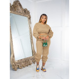 Autumn Winter Round Neck Loose Solid Color Crop Sweatshirt Pant Set