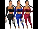 Black Sexy Solid Korean Velvet Patchwork Halter Long Sleeve Three Pieces