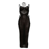Summer Beachwear Hook Strap Halter Mesh Slit Sunscreen Long Beach Dresses