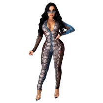 Casual Snake Print Mesh Stitching Jumpsuit