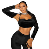 Black Sexy Solid Korean Velvet Patchwork Halter Long Sleeve Three Pieces