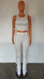 Summer Solid Color White Hollow Pit Women's Clothing Sleeveless Crop Top Two Piece Outfits Set