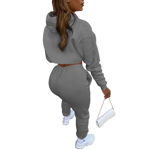 Dark Gray Cotton Fleece Drawstring Jogging Tracksuit Hollow Hoodie Blouse Pants Set and Vest