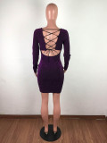 Solid Color V-neck Backless Bandage Mini Dress