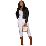 Solid Color Black Zipper PU Leather Nightclub Jacket Outwear