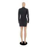 Black Overlock Stitch High Neck Long Sleeve Bodycon Dress