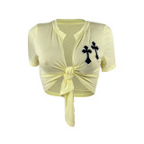 Summer Cross Leather Embroidery Hollow Bandage Shirt
