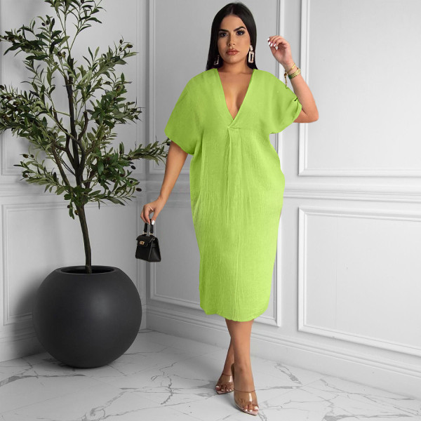 Kelly Casual Loose Solid Pleated V Neck Midi Dress