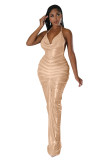 Solid Color Deep V Halter Stacked Maxi Dresses