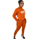 Casual Fleece Printed Letter High Neck Zipper Matching 2 Piece Jogger Sets For Women