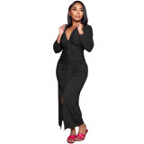 Solid Color V Neck Ruched Maxi Dress